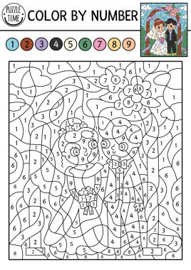 Vector wedding color by number activity with cute just married couple. Marriage ceremony scene. Black and white counting game or coloring page with funny bride and groom for kid