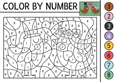 Vector wedding color by number activity with cute just married bird couple. Marriage ceremony scene. Black and white counting game or coloring page with cute animal bride and groom for kid
