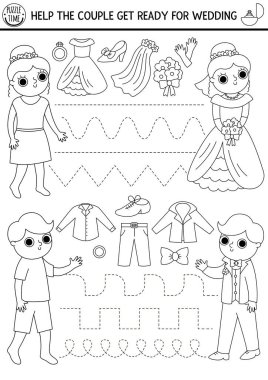 Vector wedding handwriting practice worksheet with bride and groom and clothes. Tracing game or black and white coloring page for writing skills. Help the couple get ready for marriag