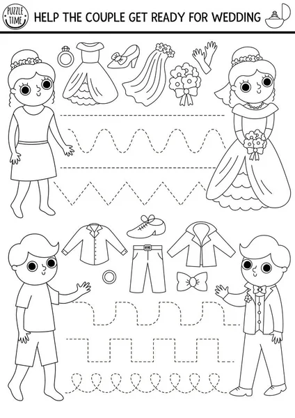 Vector Wedding Handwriting Practice Worksheet Bride Groom Clothes Tracing Game — Stock Vector