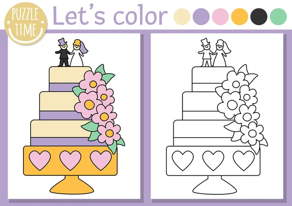 Χρωματισμός Σελίδα Για Παιδιά Χαριτωμένο Γαμήλια Τούρτα Διακοσμημένα Λουλούδια Νύφη — Διανυσματικό Αρχείο