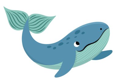 Vektör mavi balina ikonu. Deniz resimlerinin altında sevimli, komik balıklarla. Okyanus hayvanı klipsi. Su altı karikatürü ya da beyaz grupta izole edilmiş çocuklar için deniz klip sanatı
