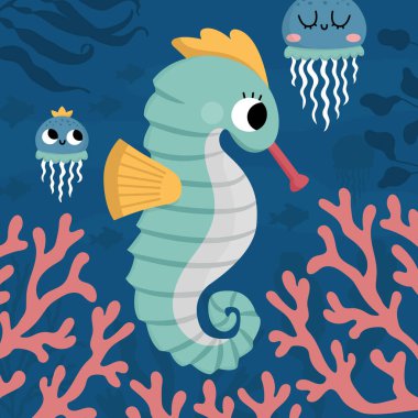 Deniz manzarasının altında deniz atı ve mercanlarla gösterilen bir taşıyıcı. Kumlu, yosunlu, resifli okyanus hayatı sahnesi. Tatlı kare su arka planı. Çocuk için suda çekilmiş bir resim