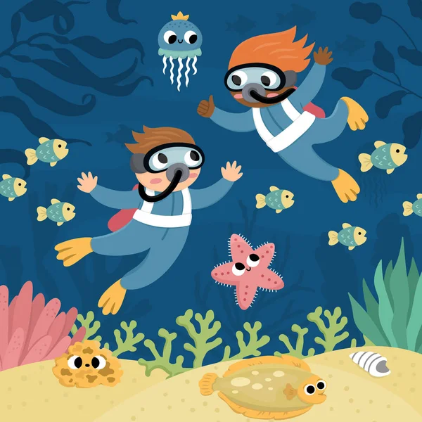 Vecteur Sous Illustration Paysage Marin Avec Des Enfants Plongeurs Scène — Image vectorielle