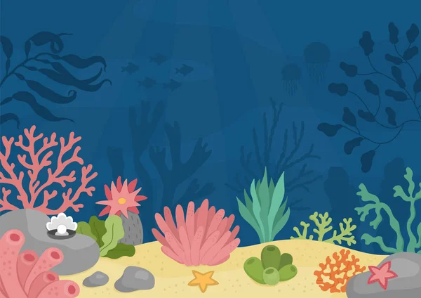 Vector Sea Landscape Illustration Ocean Life Scene Sand Seaweeds Stones — Stock Vector