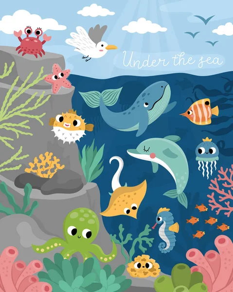 Vektor Pod Mořskou Krajinou Ilustrovaný Skalním Svahem Život Oceánu Zvířaty — Stockový vektor