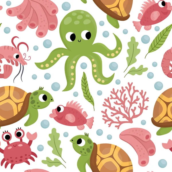 stock vector Vector under the sea seamless pattern. Repeat background with tortoise, octopus, corals, crab. Ocean life digital paper. Funny water animals and weeds illustration with cute fis