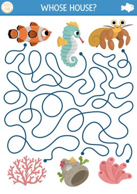 Palyaço balığı, deniz atı, yengeç ve evleri olan çocuklar için deniz labirentinin altında. Okyanus kreşi, mercanlar, deniz şakayığı, deniz kabuğu. Su labirenti oyunu ya da bulmaca