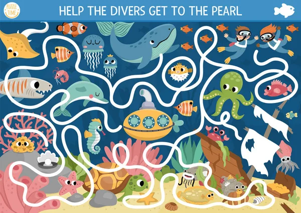 Unter Dem Meer Labyrinth Für Kinder Mit Meereslandschaft Schiffbruch Fisch — Stockvektor