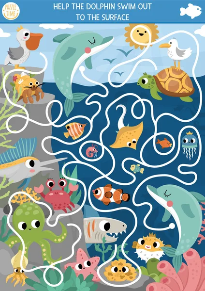 Stock vector Under the sea maze for kids with marine landscape, fish, pelican, reef, octopus. Ocean preschool printable activity. Water labyrinth game or puzzle. Help the dolphin swim out to the surfac