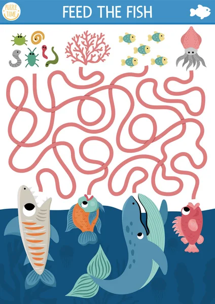 クジラ オウムのいる子供たちのための海の迷路の下で 魚や彼らの食べ物と海洋プリスクール印刷可能な活動 水迷路ゲームやパズル フィスに餌をやる — ストックベクタ