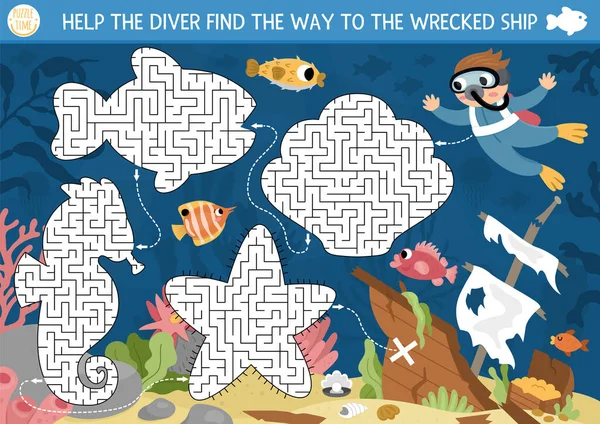 stock vector Under the sea maze for kids geometrical sea horse, fish, seashell, star. Ocean preschool printable activity. Water labyrinth game or puzzle. Help the diver find the way to the wrecked shi