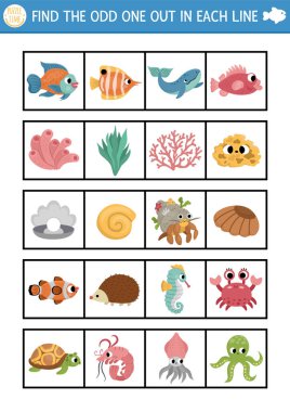 Garip olanı bul. Denizin altında çocuklar için mantıksal aktivite. Dikkat çekme becerileri için okyanus yaşamı eğitim sınavı ödevi. Basit su hayvanları tatlı karakterli basılabilir oyun