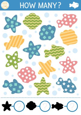 Şirin deniz yıldızı, deniz kabuğu ve balıkla sayma ve şekil tanıma oyunu. Anaokulu çocukları için matematik aktivitesi. Denizin altında basit basılabilir çalışma tablosu. Çocuklar için okyanus yaşamı eğitici bulmaca.