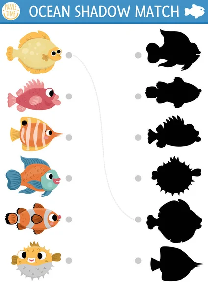 海の影の下で魚と活動を一致させる かわいいヒラメ ザリガニ フグと海のパズル 正しいシルエットの印刷可能なワークシートやゲームを見つける 子供のための水動物ページ — ストックベクタ