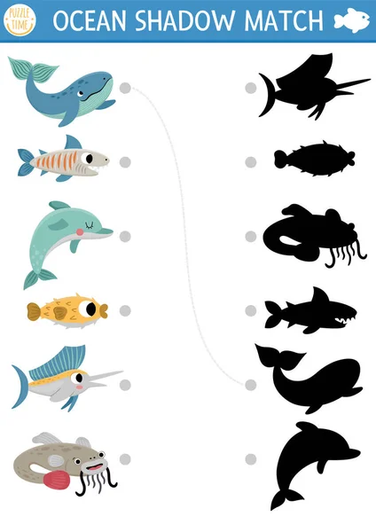 海の影の下で魚と活動を一致させる かわいいクジラ イルカ フグと海のパズル 正しいシルエットの印刷可能なワークシートやゲームを見つける 子供のための水動物ページ — ストックベクタ