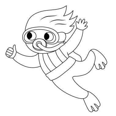 Vektör siyah beyaz dalgıç simgesi. Deniz çizgisi çiziminin altında sevimli komik bir kurbağa adamla. Okyanus kızı yüzücü çocukla takılıyor. Çocuk için karikatür ya da deniz boyama sayfası