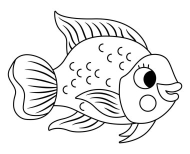 Siyah beyaz papağan balığı ikonu. Deniz çizgisi çiziminin altında sevimli, komik papağan balığı var. Okyanus hayvanı klipsi. Çocuk için karikatür ya da deniz klip sanatı ya da boyama sayfası