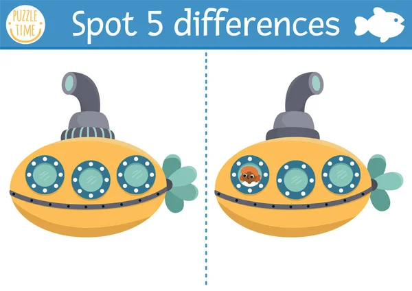 Find Differences Game Children Sea Educational Activity Cute Submarine Ocean — Stock Vector