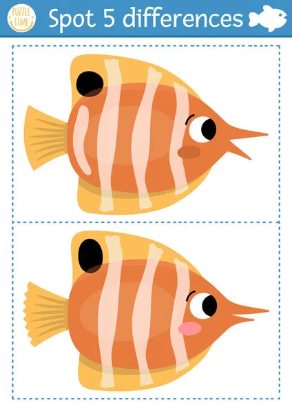 为孩子们找出不同的游戏 在海上教育活动与可爱的蝴蝶鱼 对于具有水生动物特征的孩子来说 海洋生物是个谜 水下可打印工作表或包装袋 — 图库矢量图片