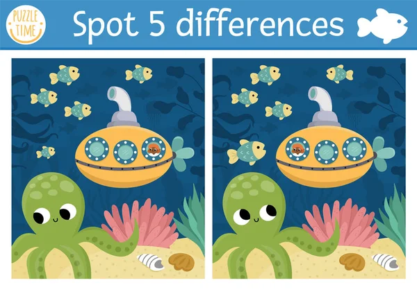 为孩子们找出不同的游戏 在海洋教育活动下 有可爱的场景 潜水艇 对于有水生动物的孩子来说 海洋生物是个谜 水下可印作业表 — 图库矢量图片