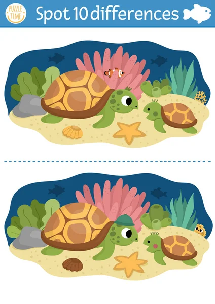 为孩子们找出不同的游戏 在海上教育活动与可爱的妈妈和小海龟 对于具有水生动物特征的孩子来说 海洋生物是个谜 水下可打印工作表或包装袋 — 图库矢量图片