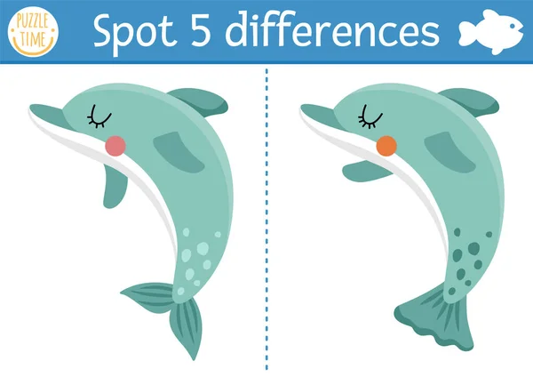 Find differences game for children. Under the sea educational activity with cute dolphin. Ocean life puzzle for kids with water animal character. Underwater printable worksheet or pag