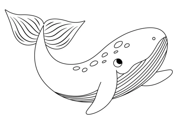 矢量黑白鲸鱼图标 在海底图解下面画着可爱有趣的鱼 海洋动物的倾向 供在白色背衬上隔离的儿童使用的水下或海上漫画着色页 — 图库矢量图片