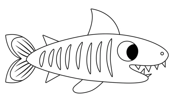 矢量黑白鲨鱼图标 在海底图解下面画着可爱有趣的鱼 海洋动物的倾向 卡通片水下或海上剪贴画或儿童彩绘页 — 图库矢量图片