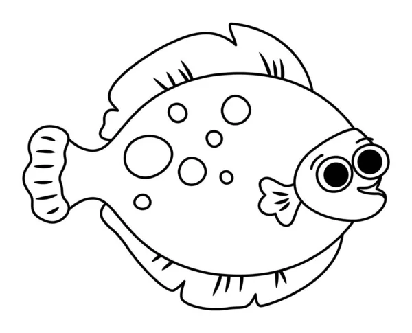 矢量黑白比目鱼图标 在海底图解下面画着可爱有趣的扁平鱼 海洋动物的倾向 卡通片水下 海洋剪贴画或儿童彩绘页 平淡无奇 — 图库矢量图片