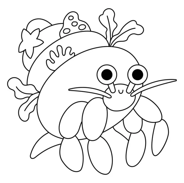 貝のアイコンを持つベクトル黒と白の隠者カニ かわいい面白い海の動物と海のラインイラストの下で 漫画水中または海洋のクリップや子供のための着色ページ — ストックベクタ
