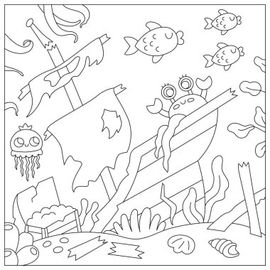 Deniz manzarasının altında gemi enkazı ve hazine sandığı olan siyah beyaz bir taşıyıcı. Deniz yosunlarıyla, mercanlarla, resiflerle okyanus yaşam çizgisi sahnesi. Tatlı kare su arkaplanı, boyama bezi.