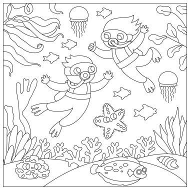 Çocuk dalgıçlarla denizin altında siyah-beyaz vektör çizimi. Kum, yosunlar, mercanlar ve resiflerle okyanus yaşam çizgisi sahnesi. Tatlı kare su arka plan, boyama pag