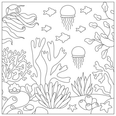Deniz manzarası çiziminin altındaki siyah beyaz vektör. Kum, yosunlar, taşlar, mercanlar ve resiflerle okyanus yaşam çizgisi sahnesi. Tatlı kare su arka plan, boyama pag