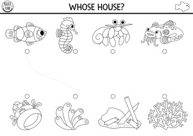 Denizin altında, siyah-beyaz, şirin balık ve evlerle uyumlu aktiviteler. Palyaço balığı, deniz atı ve yayın balıklarıyla dolu su hattı bulmacası. Nesneleri eşleştir oyunu. Yazdırılabilir çalışma kağıdı. Okyanus boyama bezi