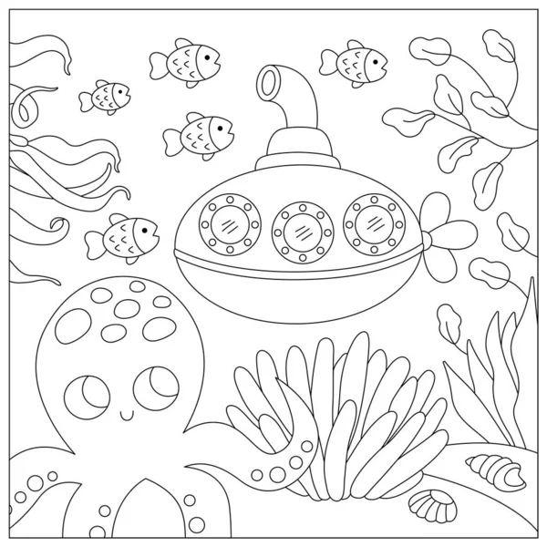 タコと潜水艦と海の風景図の下にベクトル黒と白 サンゴ サンゴ礁と海洋生物ラインシーン かわいい正方形の水の性質の背景 着色のページ — ストックベクタ
