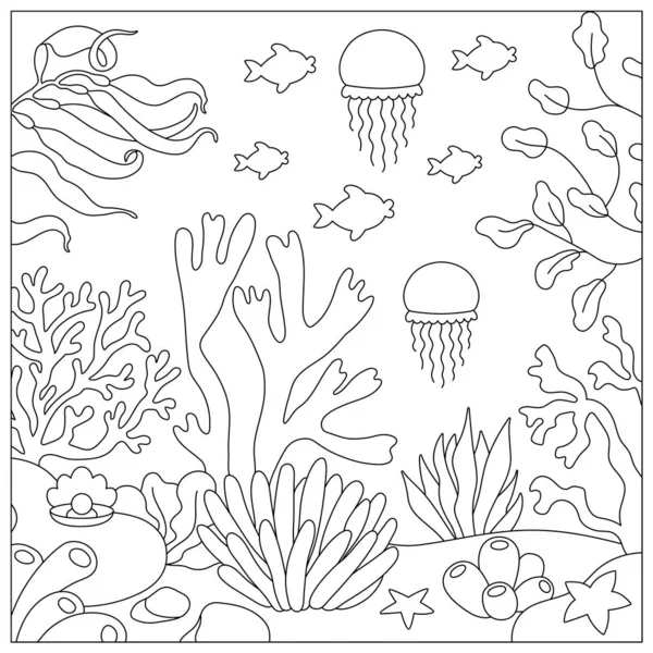 Vector Black White Sea Landscape Illustration Ocean Life Line Scene — Stock Vector