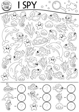 Denizin altında çocuklar için casusluk oyunu oynarım. Balıklarla, dalgıçlarla, denizaltılarla, denizyıldızlarıyla, yunuslarla arama ve sayma faaliyetleri. Okyanus yaşamı basılabilir çalışma tablosu. Basit su boyama bezi