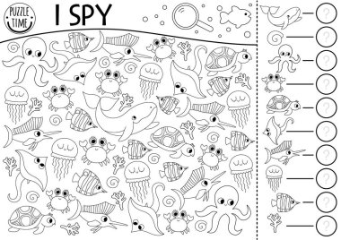 Denizin altında çocuklar için casusluk oyunu oynarım. Balıklarla, balinalarla, ahtapotlarla, yengeçlerle, kaplumbağalarla, denizanalarıyla arama ve sayma faaliyetleri. Okyanus yaşamı basılabilir çalışma tablosu. Basit su boyama bezi