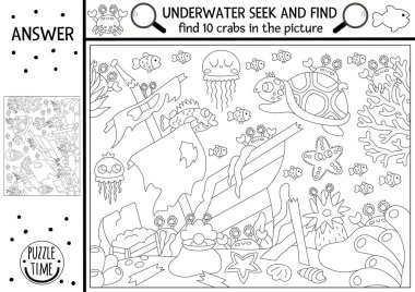 Deniz altında siyah-beyaz taşıyıcı. Deniz manzaralı, harap olmuş bir gemi. Saklı yengeçler. Basit okyanus yaşamı, çocuklar için basılabilir aktiviteler, renkli sayfalar arar ve bulur. Su hayvanı.
