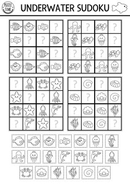 Deniz sudoku bulmacasının altındaki siyah beyaz vektör resimli çocuklar için. Kesik ve yapıştırıcı elementlerle basit bir okyanus yaşamı testi. Su hayvanları ve fis ile eğitim etkinliği veya boyama sayfası