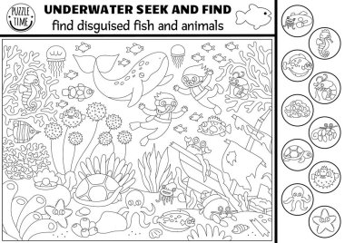 Deniz altında deniz manzarası ve dalgıçlarla arama oyunu. Spot gizli balık. Basit okyanus yaşamı aktiviteleri arar ve bulur, çocuklar için boyama sayfası. Kılık değiştirmiş su hayvanları.