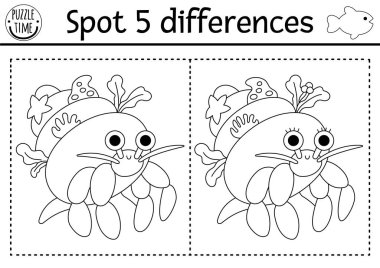 Çocuklar için farklılık oyunu bul. Deniz altında siyah-beyaz eğitim aktivitesi ve sevimli keşiş yengeci. Su hayvanlı çocuklar için okyanus yaşam çizgisi bulmacası. Sualtı yazdırılabilir renklendirici pag