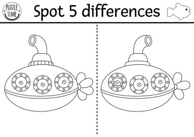 Çocuklar için farklılık oyunu bul. Denizin altında tatlı denizaltılı siyah beyaz eğitim aktiviteleri. Teknesi olan çocuklar için okyanus yaşam çizgisi bulmacası. Sualtı yazdırılabilir renklendirici pag