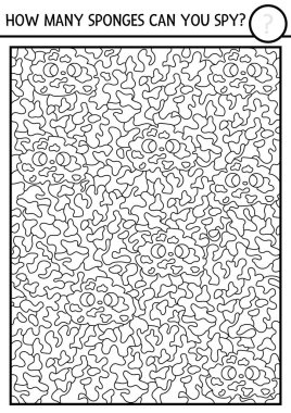 Vector black and white under the sea searching game with sponges. Spot hidden water animals. Simple ocean life seek and find printable activity or coloring page for kids. Visual attention qui clipart