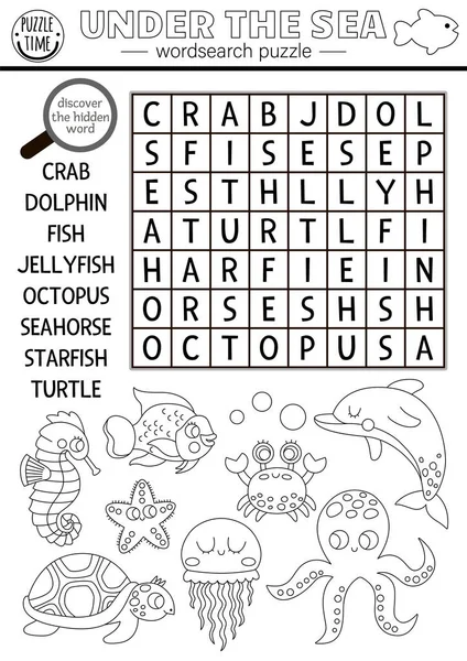 在搜索儿童的字谜下 有一个黑白的矢量 简单易行的海洋生命字谜搜索测验 水生动物和鱼类教育活动 用章鱼着色页 — 图库矢量图片