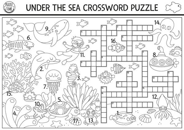 给孩子们的填字游戏下的矢量黑白相间 简单的海洋生命线测验与海洋景观为儿童 教育活动 潜水艇 水生动物着色页 — 图库矢量图片