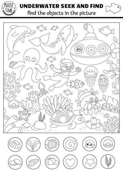 矢量黑白下的海洋搜索游戏与海景 潜水艇 潜水员 发现隐藏的物体 简单的海洋生物为孩子们寻找和找到可打印的彩色页面 水生动物洪 — 图库矢量图片