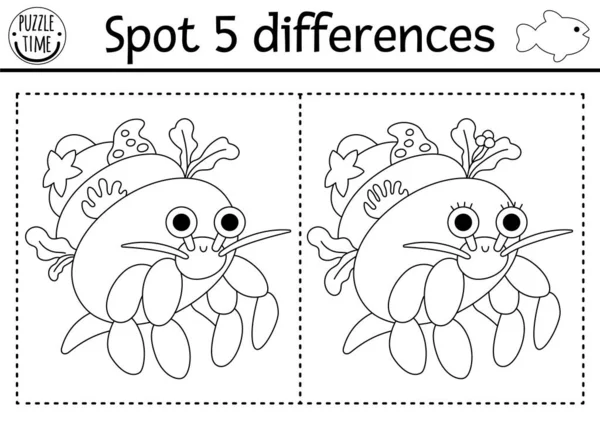 为孩子们找出不同的游戏 海底黑白相间的教育活动带着可爱的寄居蟹 给有水生动物的孩子的海洋生命线难题 水底可印着色桶 — 图库矢量图片