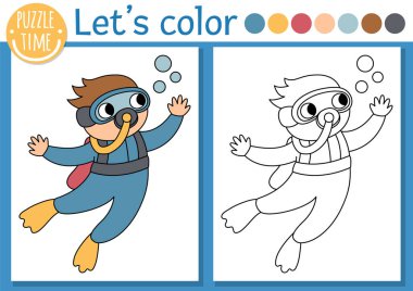 Dalgıç dalgıcı olan çocuklar için deniz boyama sayfasının altında. Okyanus yaşamını sevimli yüzücü çocukla özetleyin. Renkli örnekleri olan çocuklar için boyama kitabı. Çizim becerileri yazdırılabilir çalışma grubu